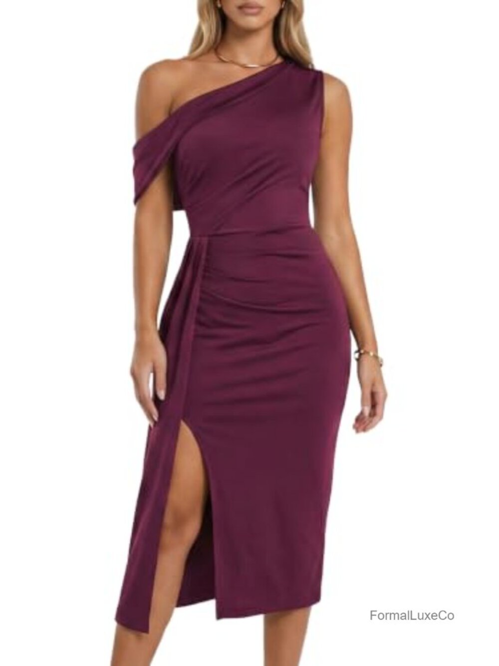One Shoulder Bodycon Midi Dress Ruffle Slit